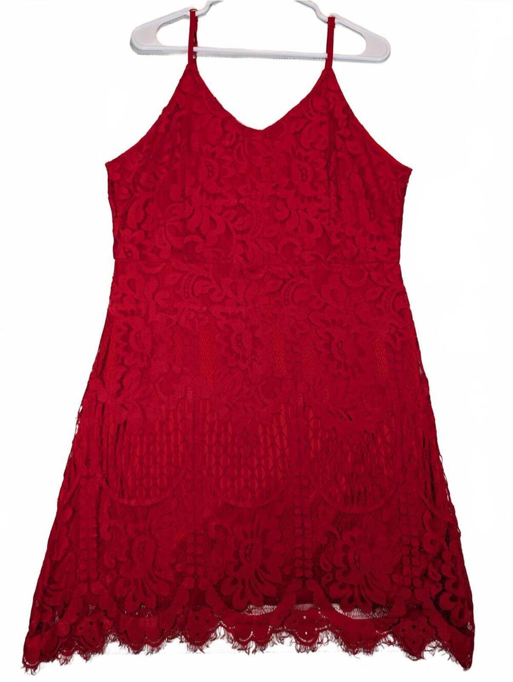 MSLG Red Lace Spaghetti Strap Cocktail Dress Floral Overlay Womens Small